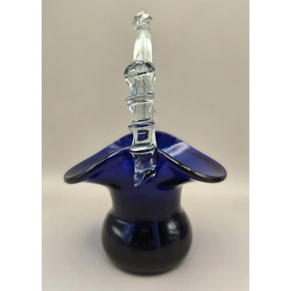 Vintage Romanian Basket Handblown Cobalt Blue 6.75